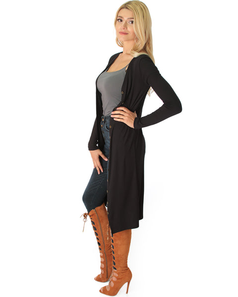 Versatile Long Button-Up Ribbed Black Cardigan Dress