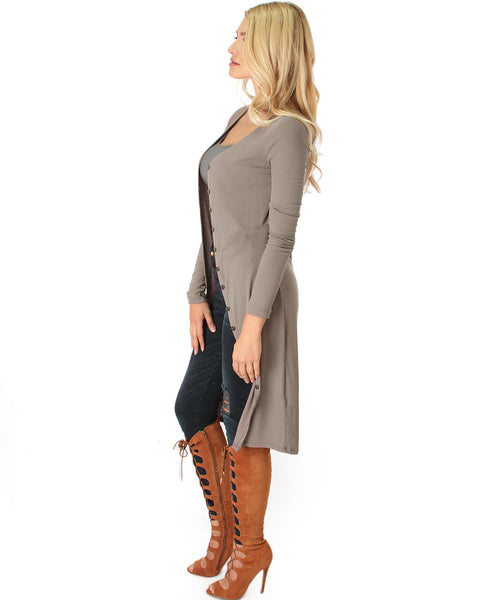 Versatile Long Button-Up Ribbed Taupe Cardigan Dress