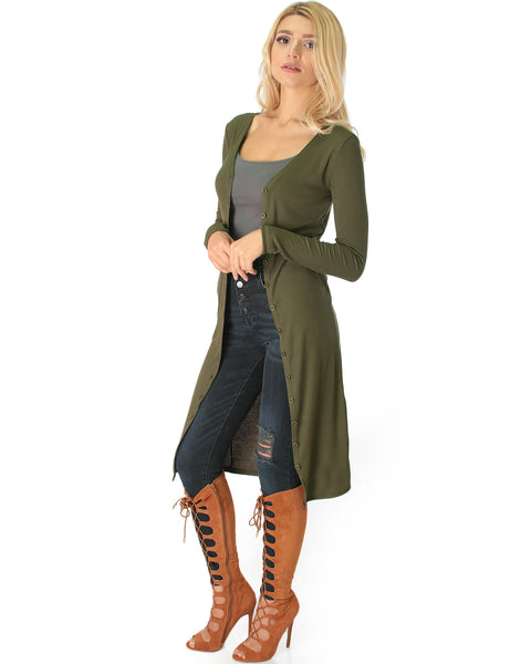 Versatile Long Button-Up Ribbed Olive Cardigan Dress