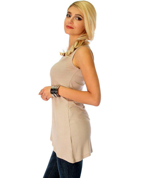 Assymetrical Ribbed Taupe Tank Top