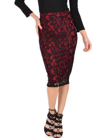 Live For The Night Burgundy Lace Pencil Skirt