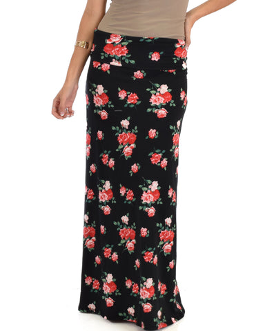 Casablanca Fold Over Black Floral Maxi Skirt