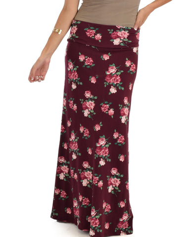 Casablanca Fold Over Burgundy Floral Maxi Skirt