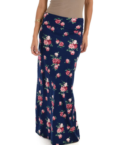 Casablanca Fold Over Navy Floral Maxi Skirt