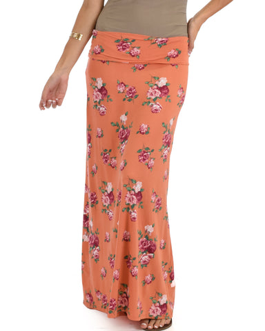 Casablanca Fold Over Orange Floral Maxi Skirt