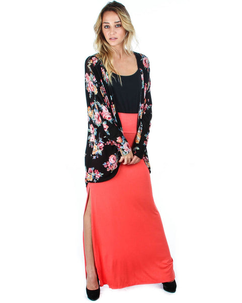 Fold Over Coral Maxi Skirt With Side Slit