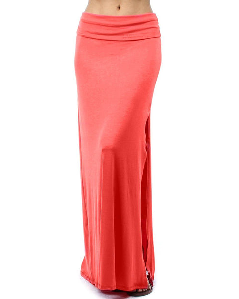 Fold Over Coral Maxi Skirt With Side Slit