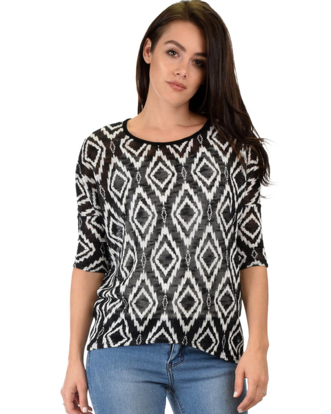 French Terry 3/4 Sleeve Black Patterned Tunic Top