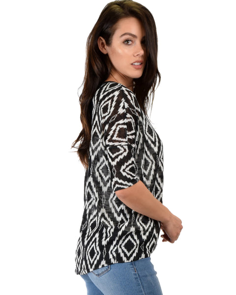 French Terry 3/4 Sleeve Black Patterned Tunic Top