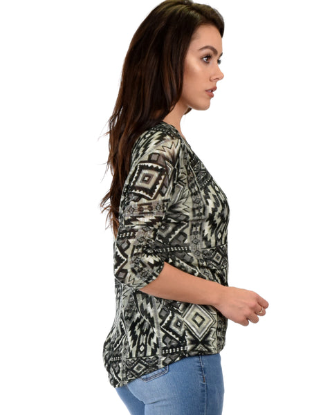 French Terry 3/4 Sleeve Olive Patterned Tunic Top