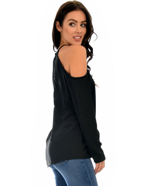 Melt My Heart Cold Shoulder Black Blouse Top