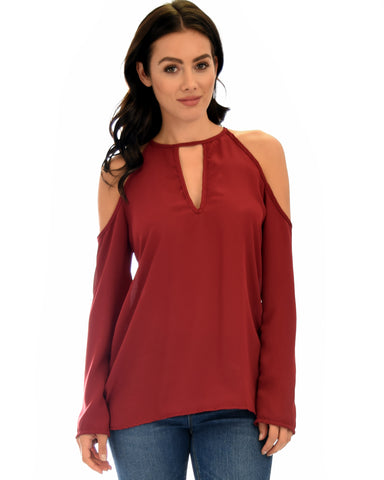 Melt My Heart Cold Shoulder Burgundy Blouse Top