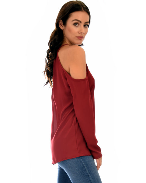 Melt My Heart Cold Shoulder Burgundy Blouse Top