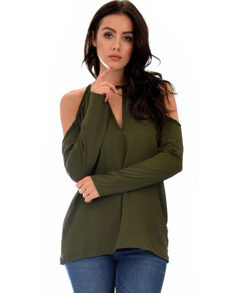 Melt My Heart Cold Shoulder Olive Blouse Top