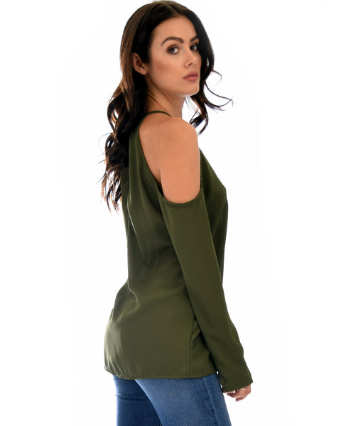 Melt My Heart Cold Shoulder Olive Blouse Top