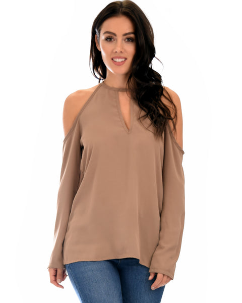 Melt My Heart Cold Shoulder Taupe Blouse Top