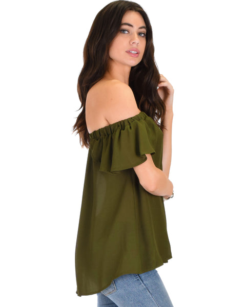 Sunny Honey Off The Shoulder Sheer Olive Blouse Top