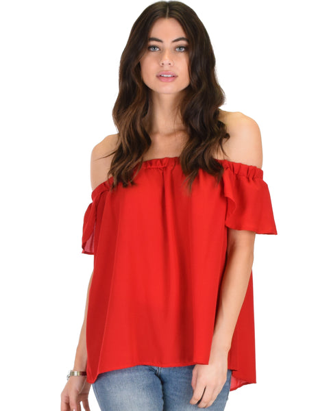 Sunny Honey Off The Shoulder Sheer Red Blouse Top