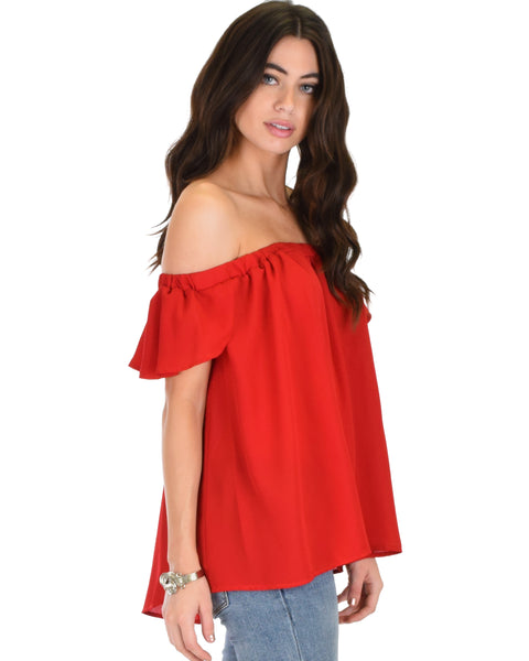 Sunny Honey Off The Shoulder Sheer Red Blouse Top