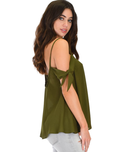 Fun & Flirty Tie Strap Sheer Olive Woven Top