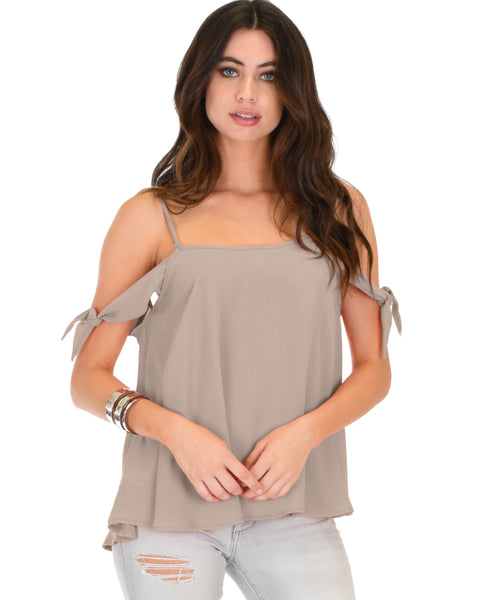 Fun & Flirty Tie Strap Sheer Taupe Woven Top