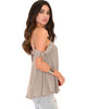 Fun & Flirty Tie Strap Sheer Taupe Woven Top - Back Image