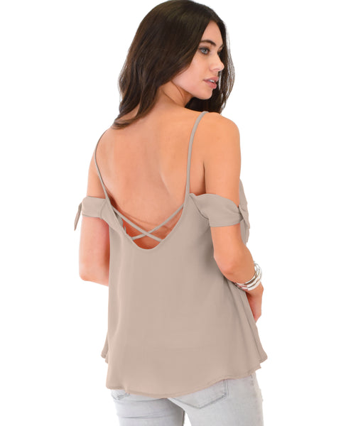 Fun & Flirty Tie Strap Sheer Taupe Woven Top