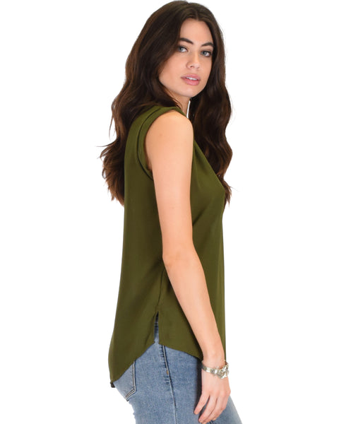 Queen of Hearts Deep V-Neck Sheer Olive Blouse Top