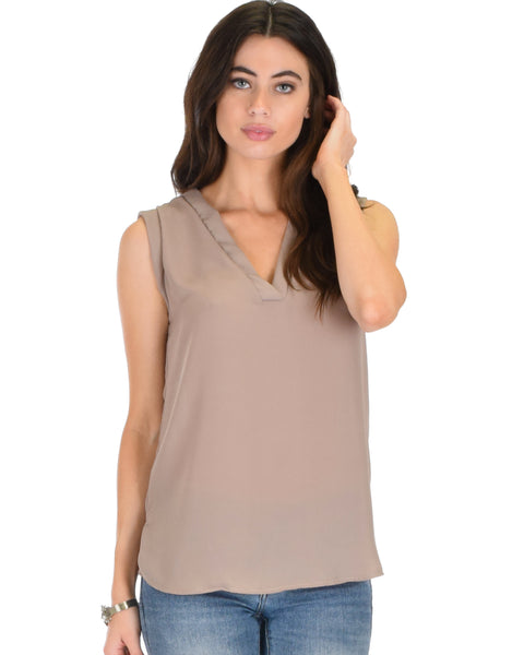 Queen of Hearts Deep V-Neck Sheer Taupe Blouse Top