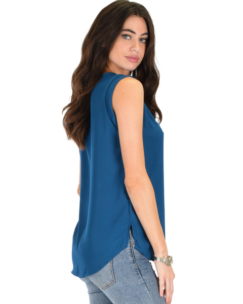 Queen of Hearts Deep V-Neck Sheer Teal Blouse Top