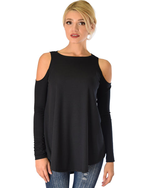 In Good Company Ribbed Cold Shoulder Black Long Sleeve Top