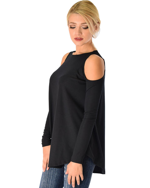 In Good Company Ribbed Cold Shoulder Black Long Sleeve Top