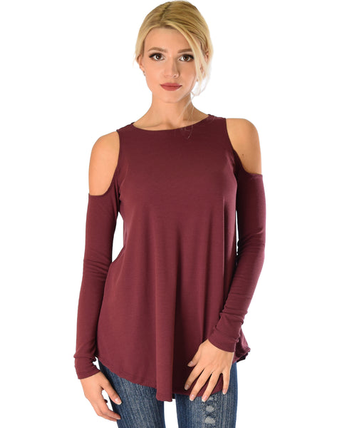 In Good Company Ribbed Cold Shoulder Burgundy Long Sleeve Top