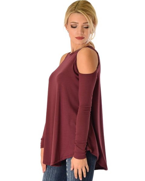 In Good Company Ribbed Cold Shoulder Burgundy Long Sleeve Top