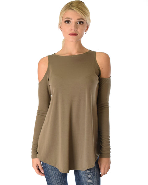 In Good Company Ribbed Cold Shoulder Olive Long Sleeve Top