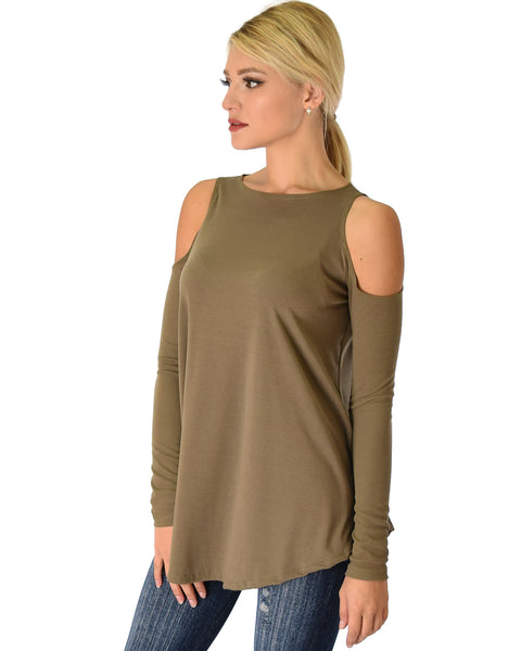 In Good Company Ribbed Cold Shoulder Olive Long Sleeve Top