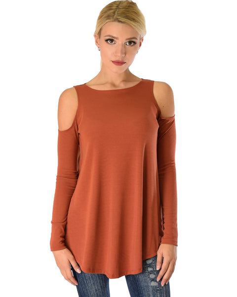 In Good Company Ribbed Cold Shoulder Rust Long Sleeve Top