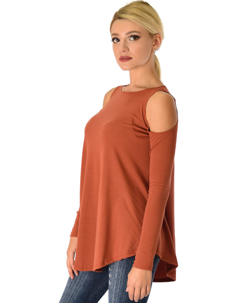 In Good Company Ribbed Cold Shoulder Rust Long Sleeve Top