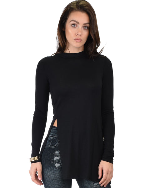 Swap My Options Long Sleeve Slit Black Tunic Top