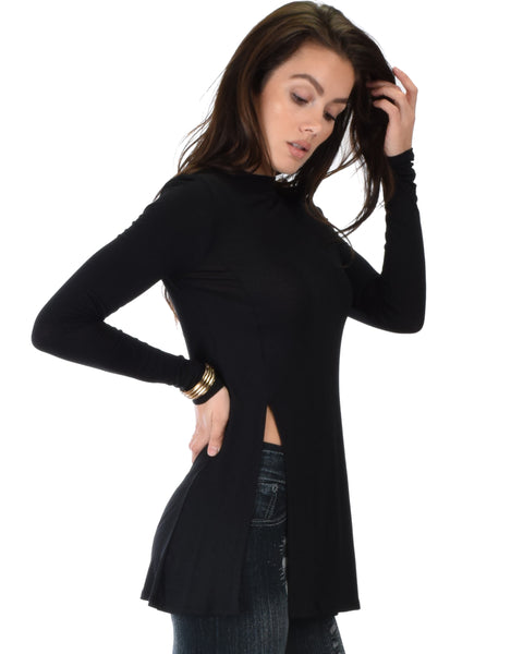 Swap My Options Long Sleeve Slit Black Tunic Top