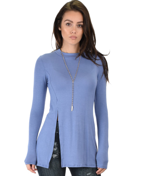 Swap My Options Long Sleeve Slit Blue Tunic Top