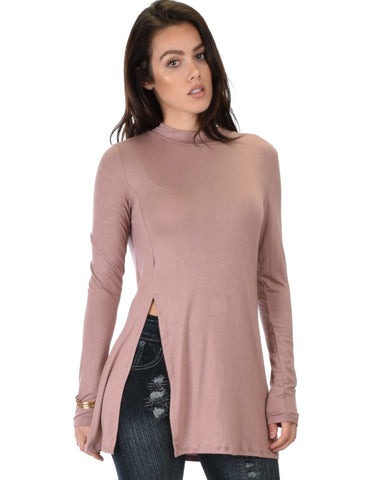 Swap My Options Long Sleeve Slit Mauve Tunic Top