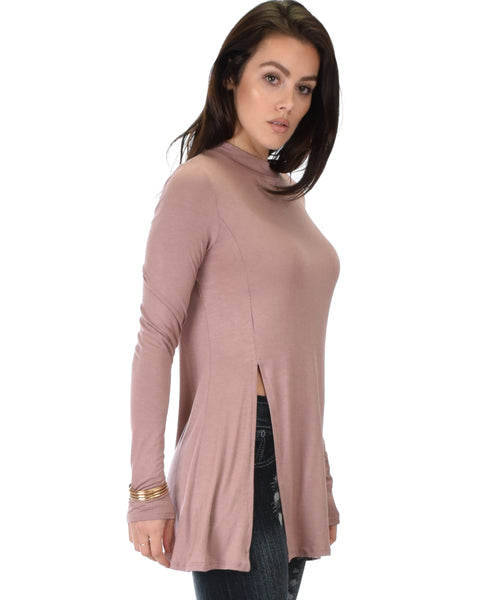 Swap My Options Long Sleeve Slit Mauve Tunic Top