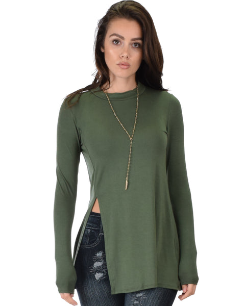 Swap My Options Long Sleeve Slit Olive Tunic Top