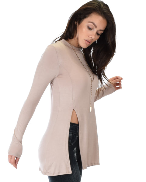 Swap My Options Long Sleeve Slit Taupe Tunic Top