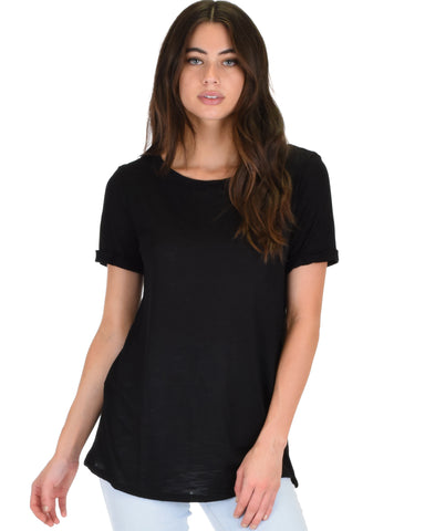 The New Classic Cuffed Sleeve Black Slub Tunic Top