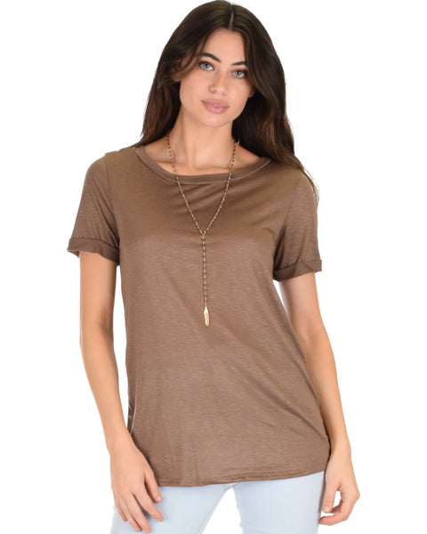 The New Classic Cuffed Sleeve Brown Slub Tunic Top