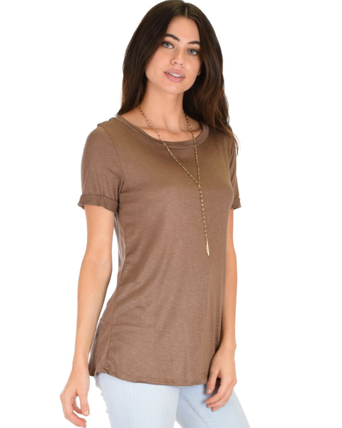 The New Classic Cuffed Sleeve Brown Slub Tunic Top