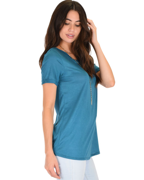 The New Classic Cuffed Sleeve Teal Slub Tunic Top