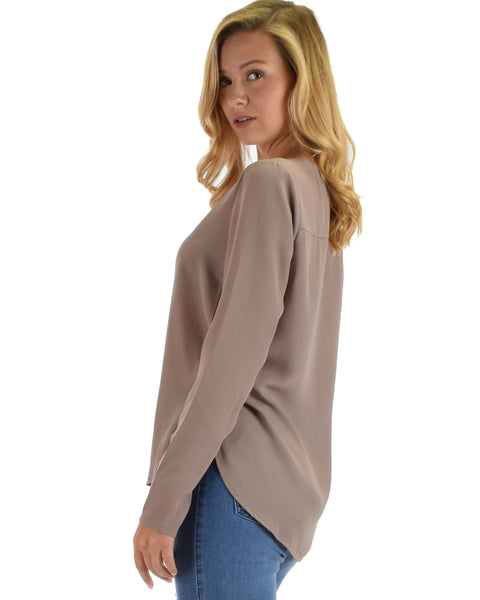 Lyss Loo Kimberly Taupe Woven Long Sleeve Blouse